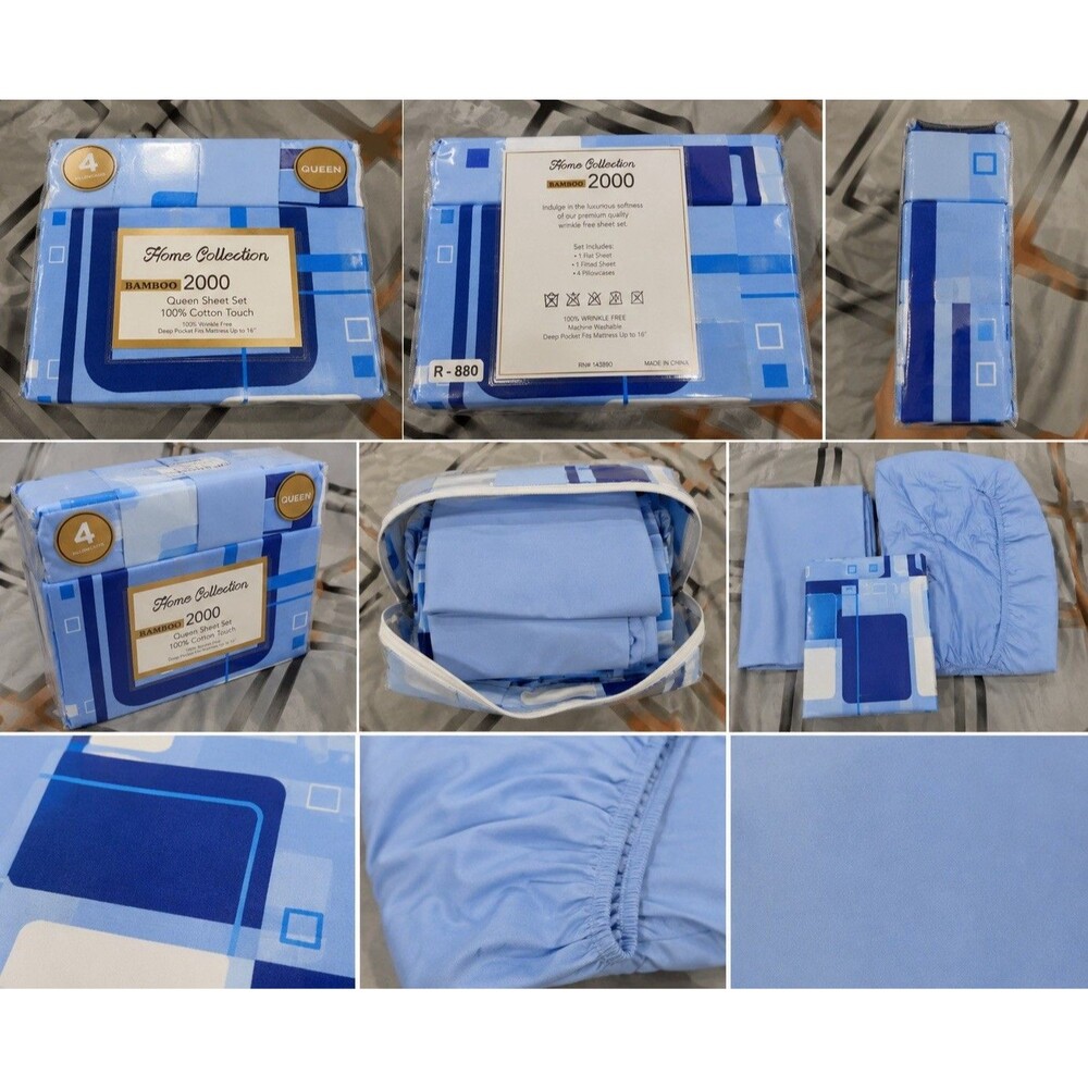 Home Collection Bamboo 2000 Queen Sheet Set Blue Geometric Deep Pocket Wrinkle